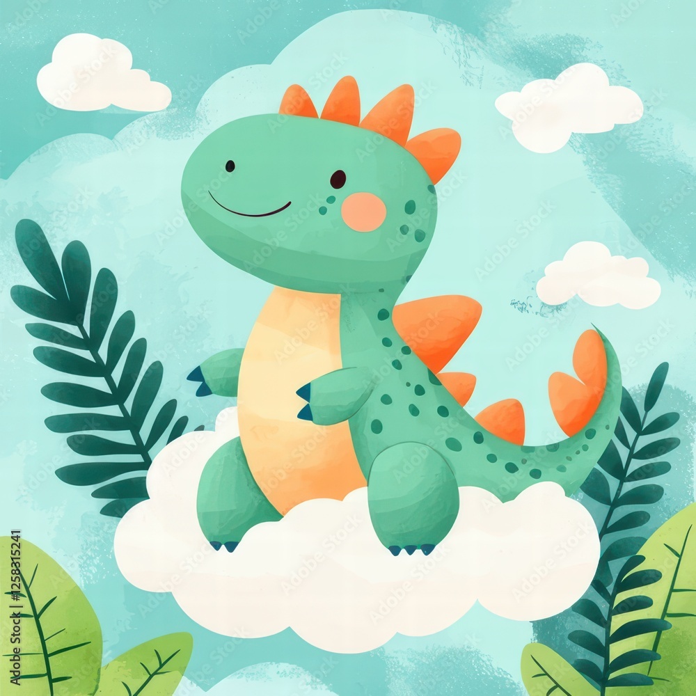 Obraz premium A cute cartoon dinosaur sits happily on a fluffy cloud, surrounded by leafy plants against a soft blue background.