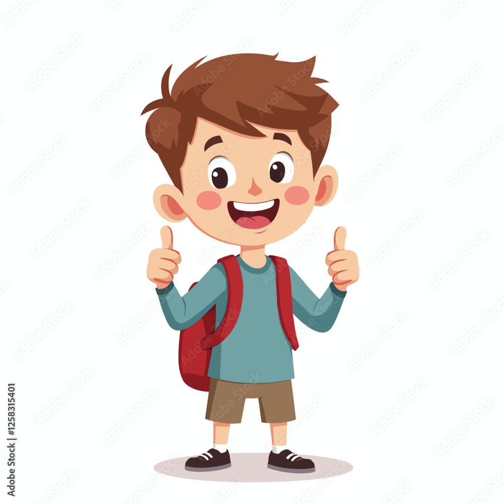 Smiling child student character standing showing test exam results and making positive sign with thumbs up. Vector illustration symbol of success and motivation. Smiling child student character standing showing test exam results and making positive sign with thumbs up. Vector illustration symbol of success and motivation.