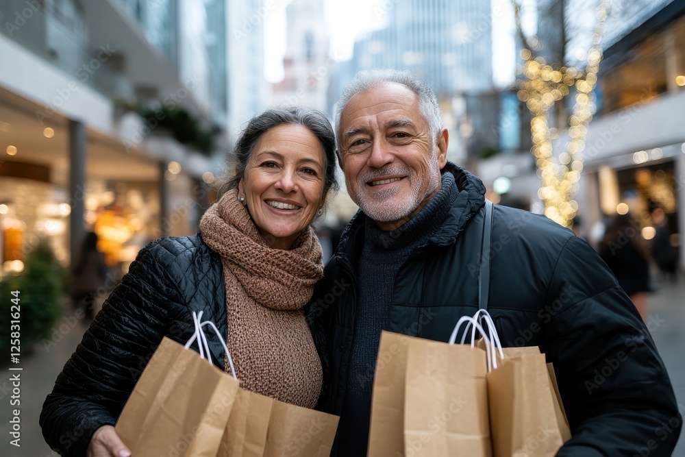 A fashionable older couple happily holds shopping bags while posing together in a modern city street adorned with beautiful lights and festive decorations in winter. A fashionable older couple happily holds shopping bags while posing together in a modern city street adorned with beautiful lights and festive decorations in winter.
