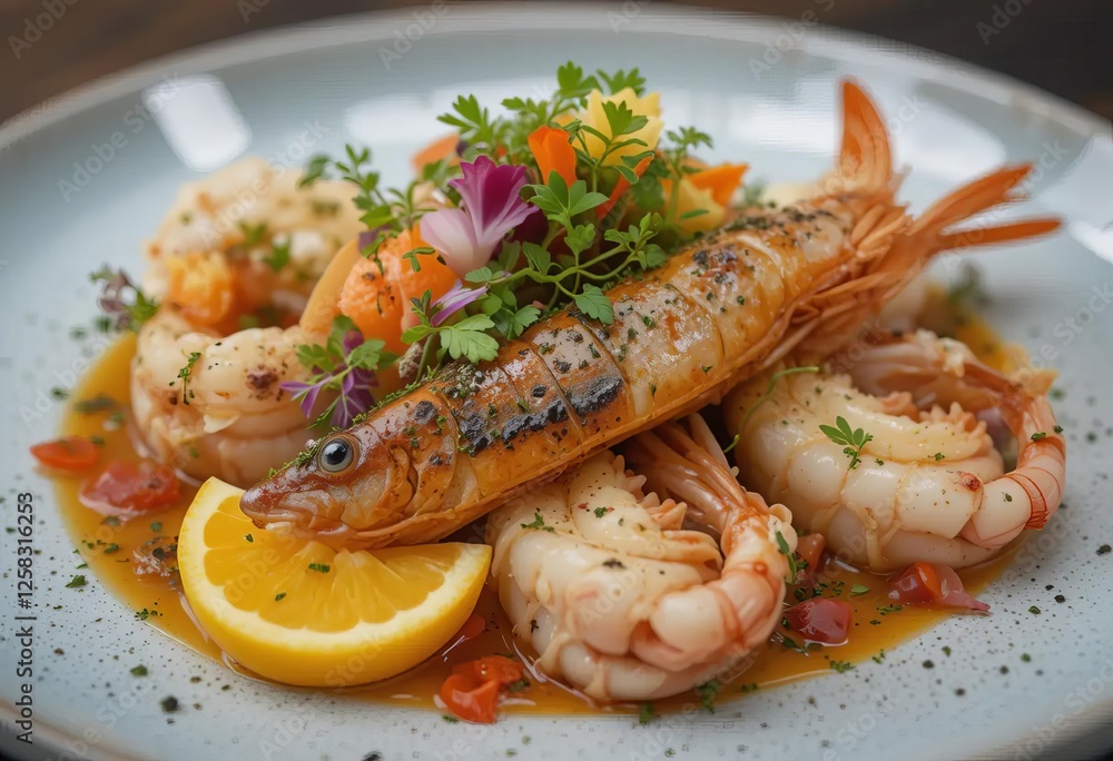 A plate of seafood with colorful garnishes and a beautiful presentation A plate of seafood with colorful garnishes and a beautiful presentation