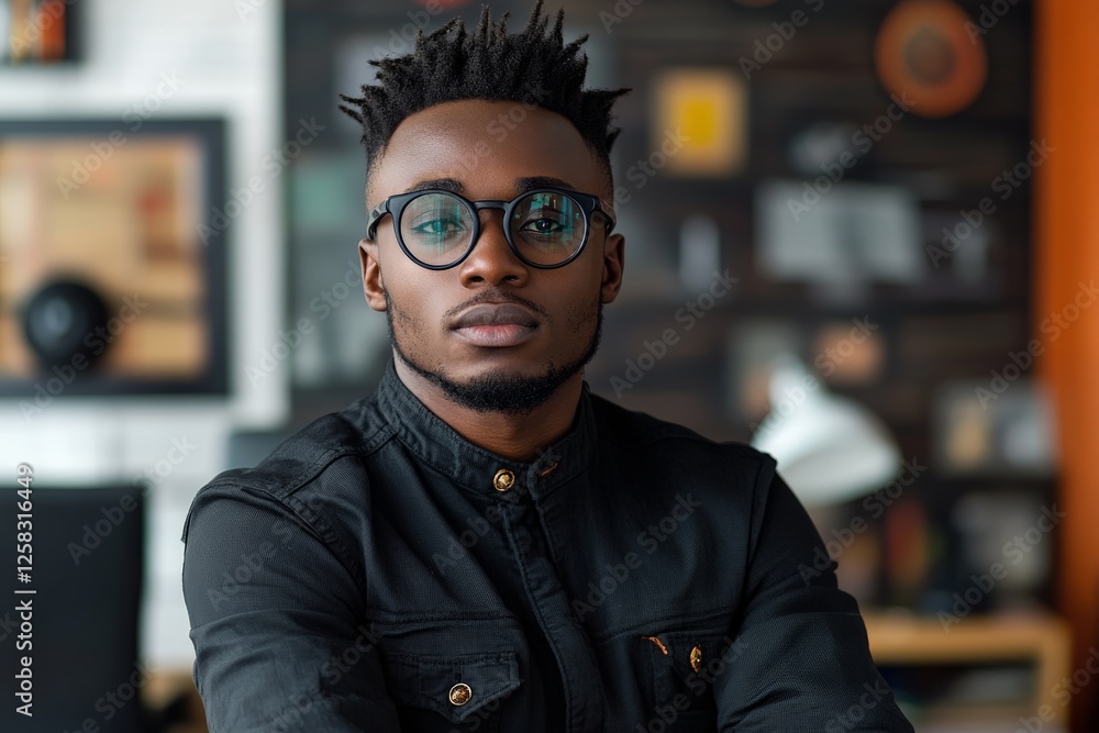 Obraz premium Confident young man in stylish glasses poses in modern workspace during daylight