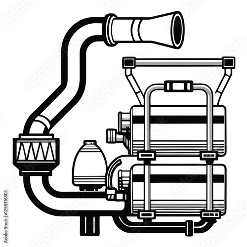 Create a detailed vector diagram of an engine's exhaust system, showcasing its components and flow.