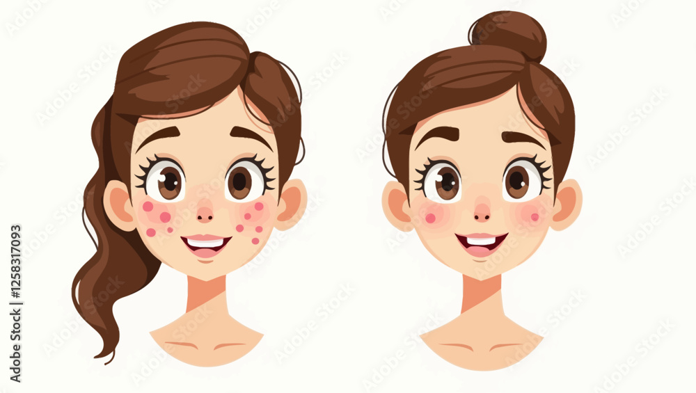 Beautiful young woman with skin problems. Vector illustration of a woman struggling with acne, acne and skin problems. Beautiful young woman with skin problems. Vector illustration of a woman struggling with acne, acne and skin problems.