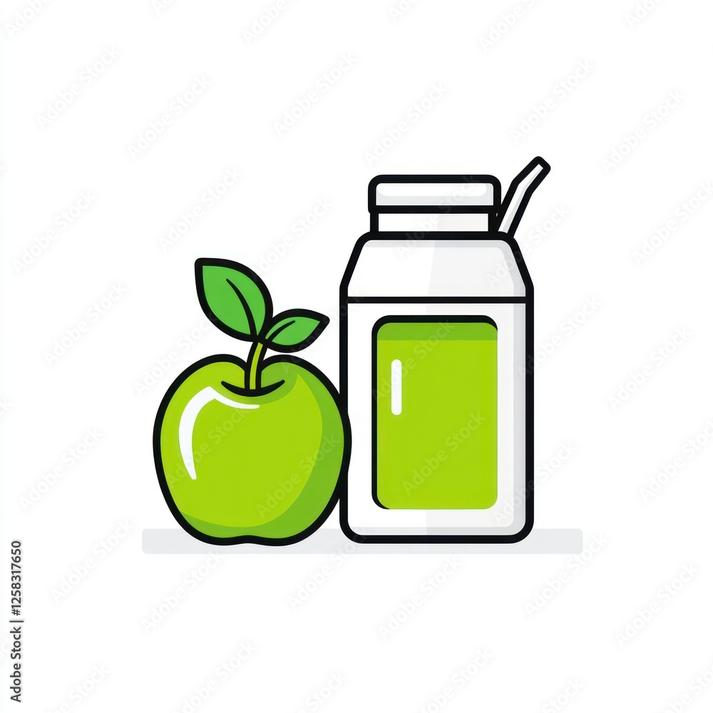 Green apple and juice carton, healthy drink, simple graphic Green apple and juice carton, healthy drink, simple graphic