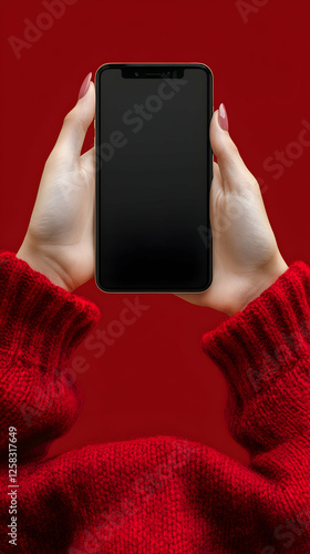 Wallpaper Mural Woman's Hands Hold Smartphone, Red Sweater, Display Torontodigital.ca
