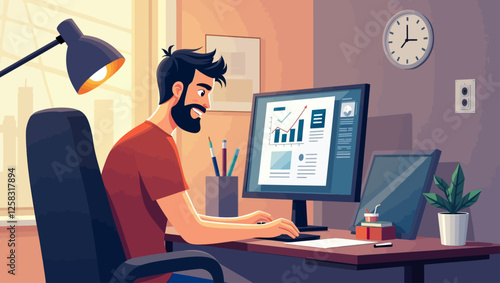 Freelance male graphic designer. Man working on design projects on his computer in a creative work environment. Graphic design process and professional freelance designer vector illustration.