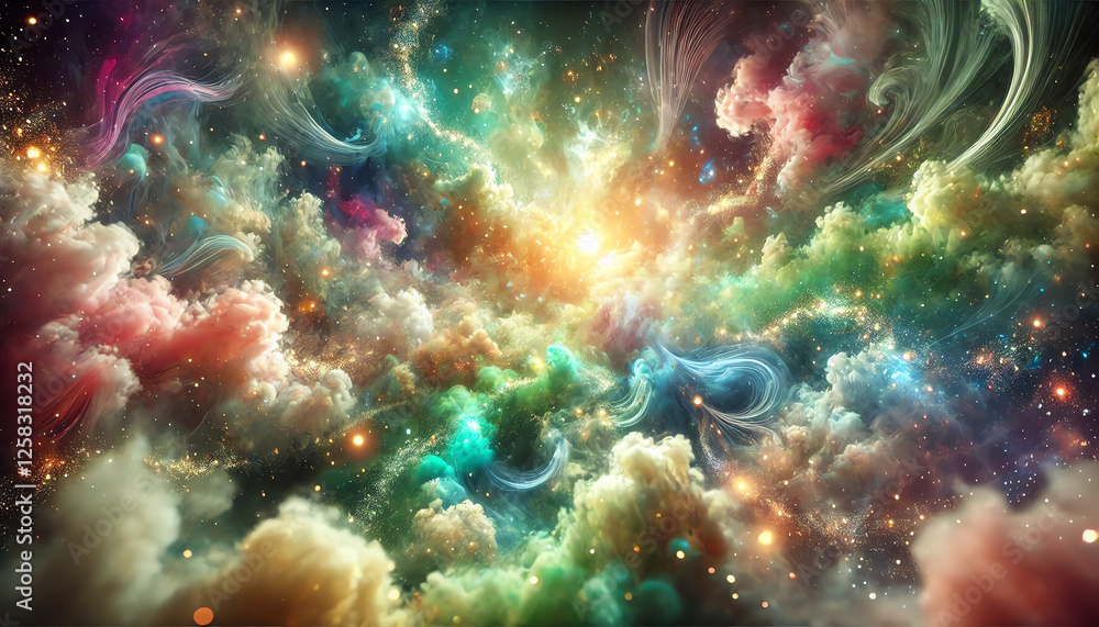 A cosmic or dream-like environment surrounded by swirling, colorful mist and light particles with glowing nebula-like A cosmic or dream-like environment surrounded by swirling, colorful mist and light particles with glowing nebula-like