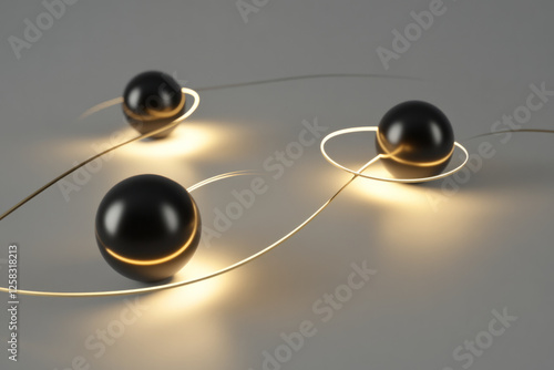 glowing light orbs in black and gold, floating in slow, graceful arcs across a minimalist background.