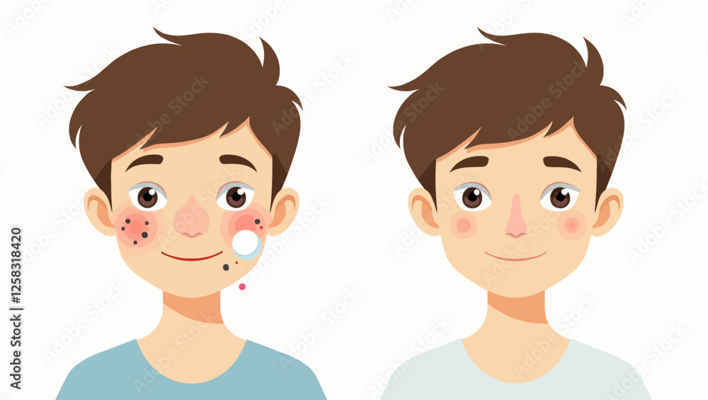 Man with two different skin conditions: Acne, blackheads and healthy skin. Skin care, dermatological check, facial mask and cream. The process of youthful skin care and shrinking facial pores. Man with two different skin conditions: Acne, blackheads and healthy skin. Skin care, dermatological check, facial mask and cream. The process of youthful skin care and shrinking facial pores.
