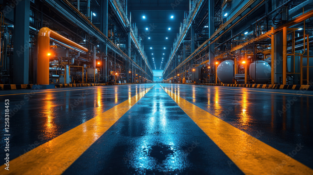 Fototapeta premium Industrial lighting illuminating a high-tech factory floor during nighttime operations
