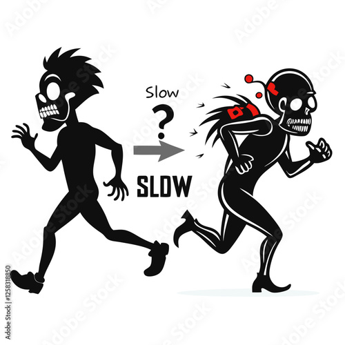 Illustrative comparison of slow, shambling zombies versus fast, sprinting zombies in a post-apocalyptic setting. Show contrasting movement and decay levels.