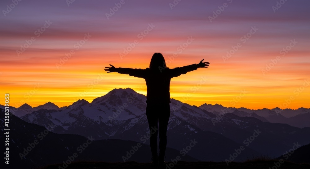 Fototapeta premium A lone figure stands in the mountains at sunset, gazing at the horizon.