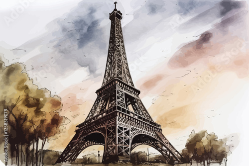 Watercolor elf tower. Paris illustration.