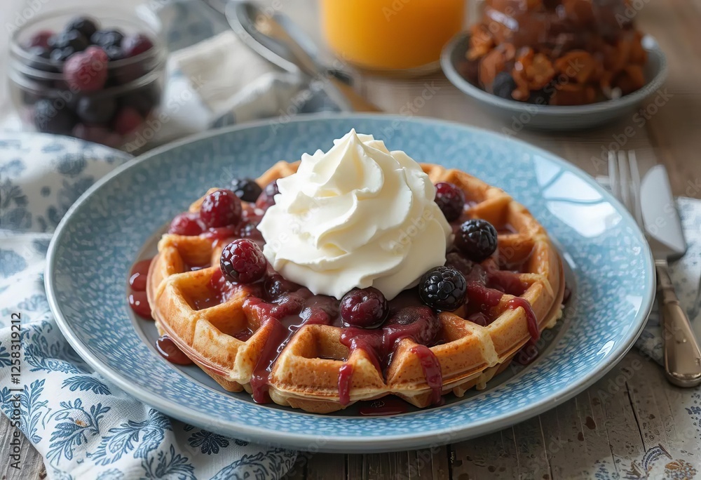 A homemade Belgian waffle topped with fresh berries and whipped cream A homemade Belgian waffle topped with fresh berries and whipped cream
