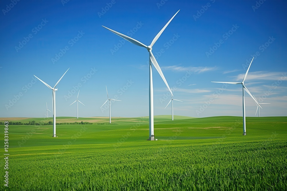 Dramatic view of wind turbines spinning gracefully in green fields under a clear blue sky. Generative AI Dramatic view of wind turbines spinning gracefully in green fields under a clear blue sky. Generative AI