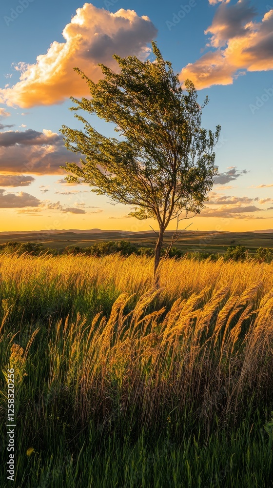 Fototapeta premium Lonely Tree in the Sunset Prairie Landscape