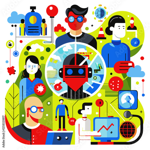 Illustrate the transformative impact of cybernetics on human interaction, technology, and society.  Show both positive and negative implications.