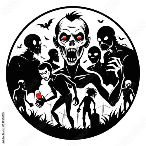 Depict the primal, insatiable hunger driving a horde of classic, decaying zombies relentlessly pursuing their prey. Show their mindless aggression and desperation for human flesh.