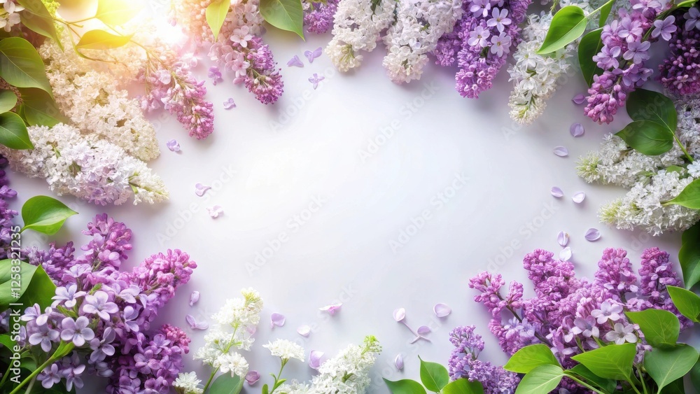 Lilac blossoms arranged in a springtime border around a blank space for text or images. Lilac blossoms arranged in a springtime border around a blank space for text or images.