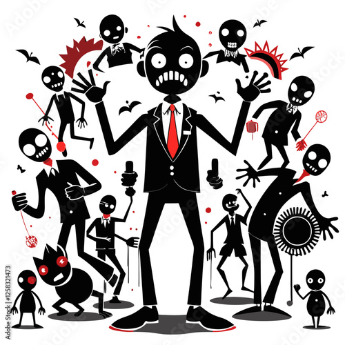 Depict a horde of zombies, diverse in decay, relentlessly advancing; illustrating the chaotic, unstoppable nature of uncontrollable impulses and societal collapse.