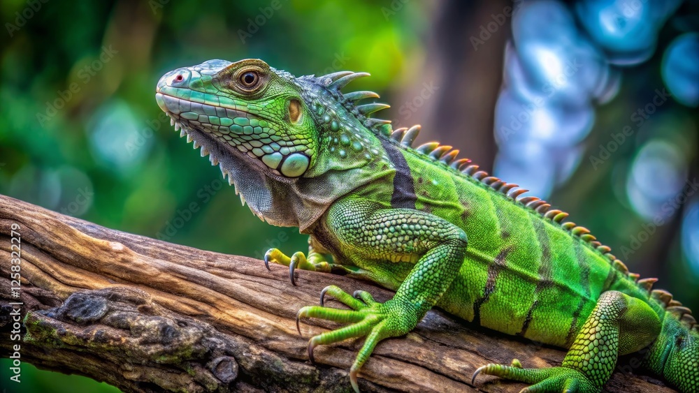 Vibrant Green Lizard Perched on Branch in Kaleidoscopic Forest Vibrant Green Lizard Perched on Branch in Kaleidoscopic Forest