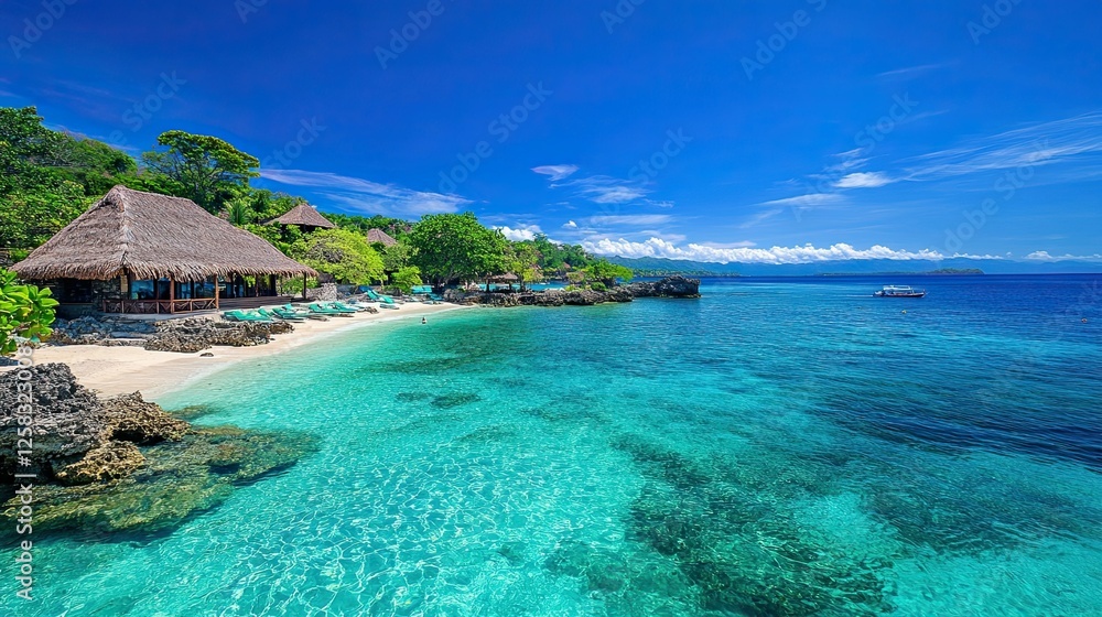 Fototapeta premium On a panoramic blue backdrop, a note paper and information sign with copy space