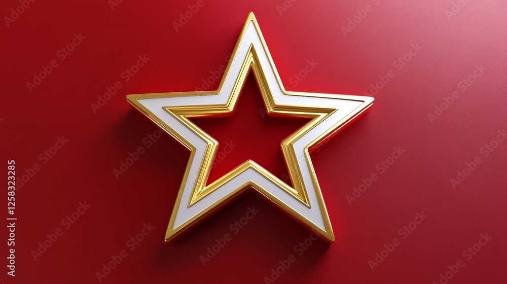 A Striking 3D Rendered Gold and White Star on a Red Background. A Bold and Elegant Graphic Design Element. A Striking 3D Rendered Gold and White Star on a Red Background. A Bold and Elegant Graphic Design Element.