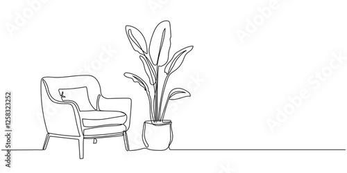 Home interior vector illustration in one continuous line drawing. Modern furniture armchair and potted flower in simple linear style. Doodle