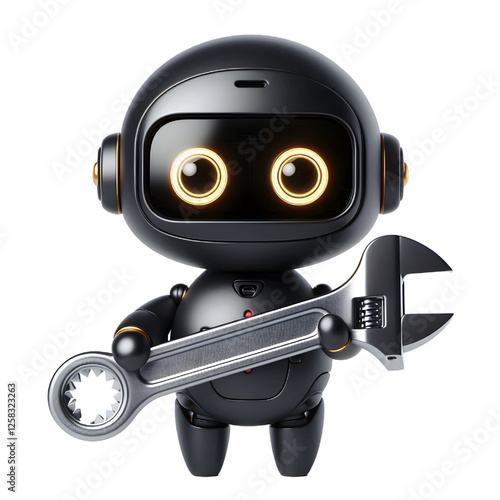 Cute 3D black robot with golden eyes holding adjustable wrench in side view isolated on white background