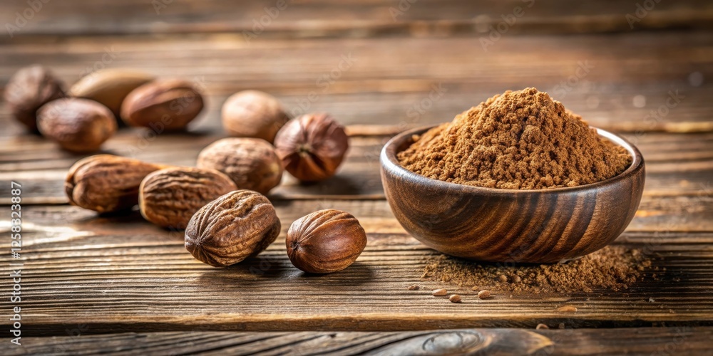 Aromatic Nutmeg Powder and Whole Nutmeg Seeds in a Wooden Bowl on a Rustic Wooden Surface Aromatic Nutmeg Powder and Whole Nutmeg Seeds in a Wooden Bowl on a Rustic Wooden Surface