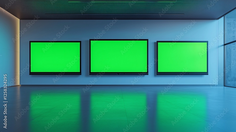 Modern gallery with blank screens for creative art display and digital installation Modern gallery with blank screens for creative art display and digital installation