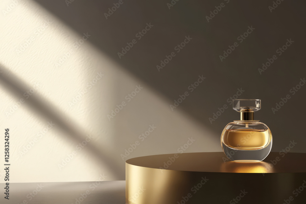 luxury perfume bottle placed on a minimalist gold pedestal with smooth lighting highlighting its curves. luxury perfume bottle placed on a minimalist gold pedestal with smooth lighting highlighting its curves.