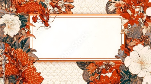 Elegant Red Dragon & Floral Frame, Asian Art Design Background