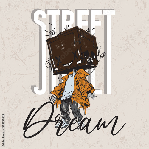 stylish t-shirt and apparel abstract design for illustration character with box head wearing orange jacket and text . Vector print, typography, poster. Global swatches