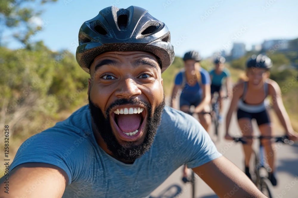 Fototapeta premium An ecstatic cyclist poses for a selfie with friends while biking under a bright sun, showcasing their collective enjoyment and outdoor adventure spirit.