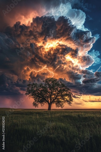 Sunset, cloudy sky, tree silhouette, lightning storm