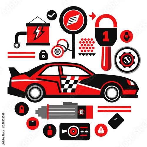 Illustrate the crucial safety components of a NASCAR race car, highlighting features like roll cage, HANS device, fire suppression system, and impact-absorbing materials.