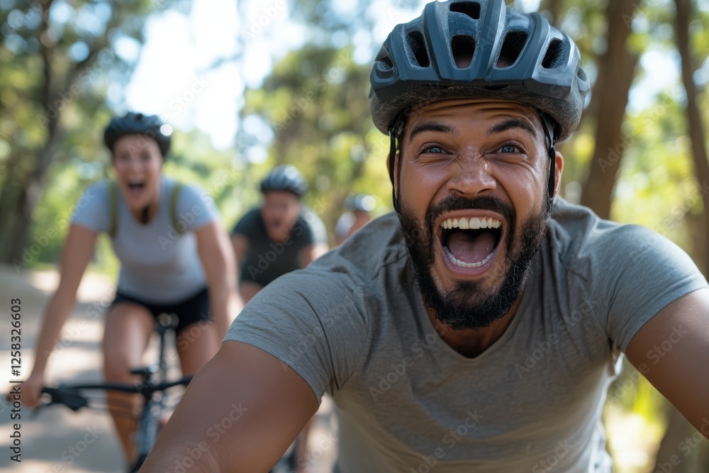 Fototapeta premium A thrilled cyclist expresses his excitement while riding through the woods, highlighting the joy of outdoor adventures and the beauty of nature.