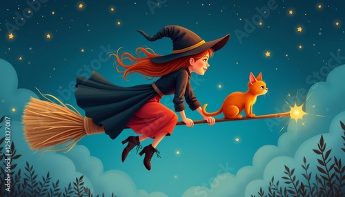 Whimsical Witch and Feline Companion Flying on a Starry Halloween Night