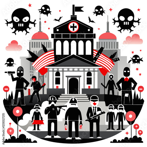 Depict the complex interplay between governmental power, military might, and individual liberty.  Show contrasting imagery representing control vs. freedom.