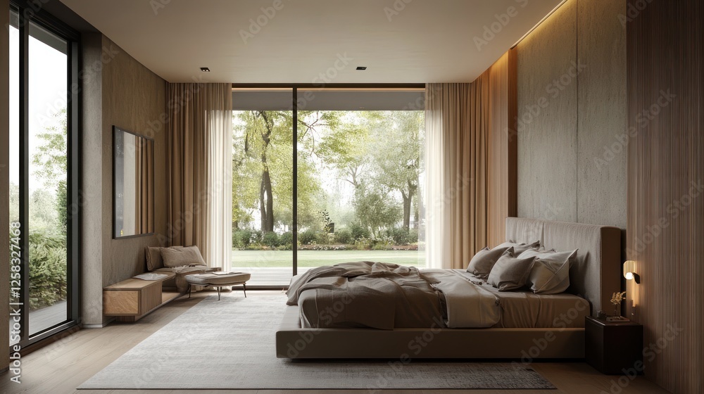 Fototapeta premium A modern bedroom featuring natural light, wooden elements, and a serene view of greenery. Ideal for relaxation and cozy indoor living.