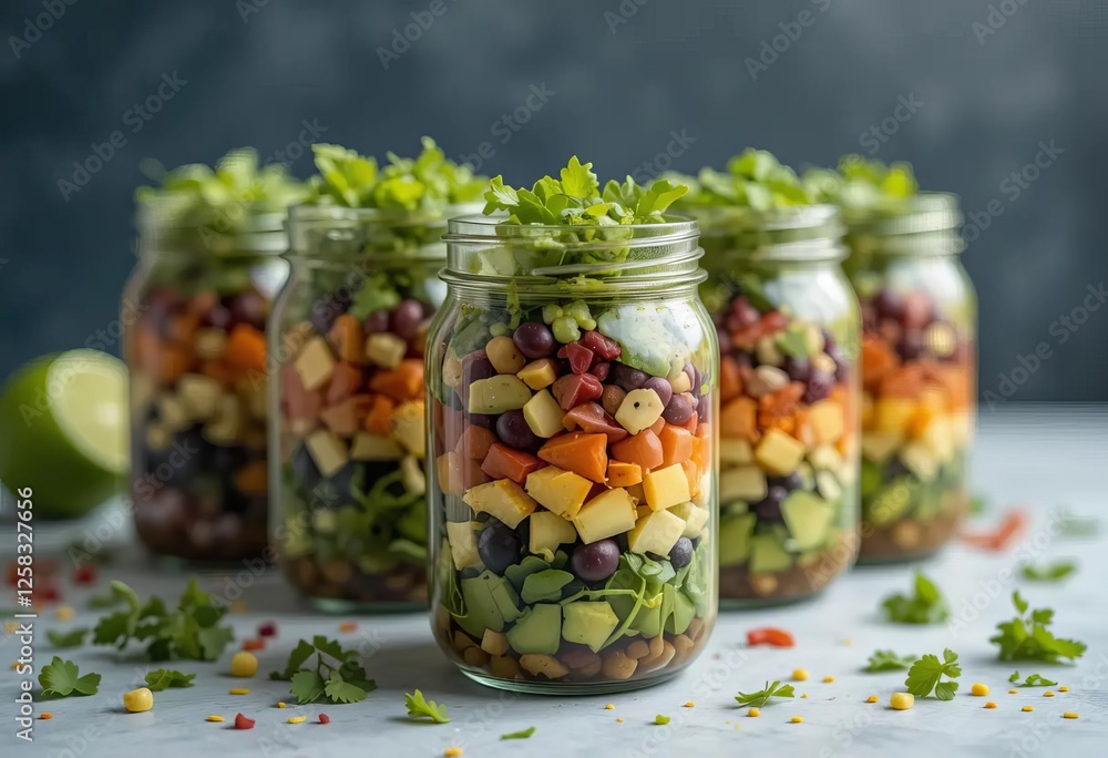A table set with colorful jars of salad and fresh vegetables, with a jar of avocado dressing and lime juice on the side. A table set with colorful jars of salad and fresh vegetables, with a jar of avocado dressing and lime juice on the side.