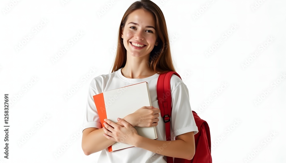 Smiling Female Student Holding Book with Backpack Isolated on White Background Smiling Female Student Holding Book with Backpack Isolated on White Background