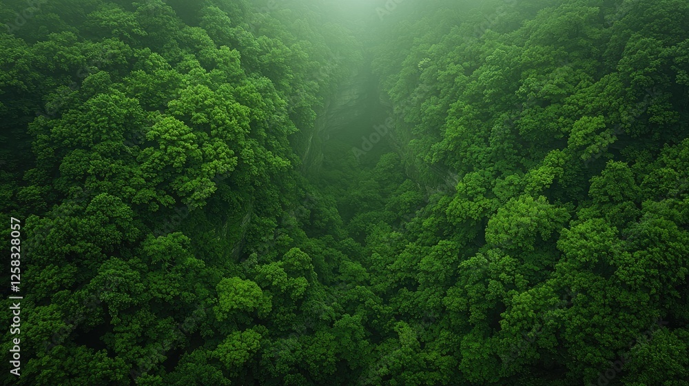 Fototapeta premium Aerial view lush green forest valley, misty morning, nature background, eco-tourism