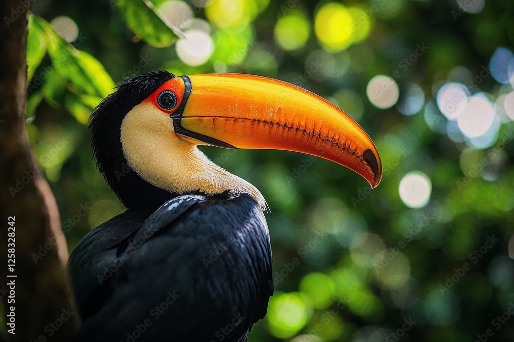 Colorful toucan bird resting on a branch in lush green tropical forest Colorful toucan bird resting on a branch in lush green tropical forest
