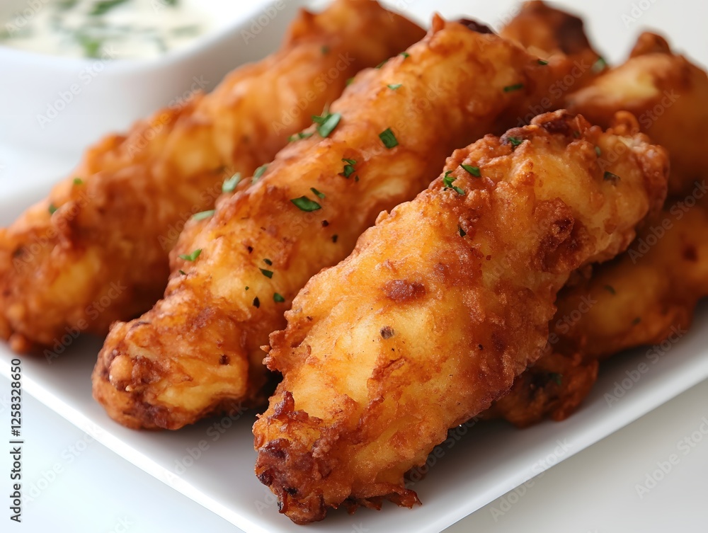Golden Fried Fish Tenderloins on White Plate with Creamy Sauce Delightful Meal Golden Fried Fish Tenderloins on White Plate with Creamy Sauce Delightful Meal