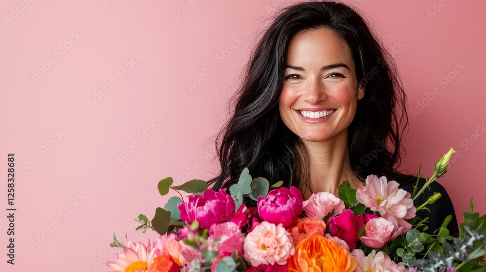 Beautiful joyful dark haired woman with gentle smile, looks with cheerful expression directly at camera, recieving big bouquet of flowers, isolated over rosy studio wall. Women's day concept. Beautiful joyful dark haired woman with gentle smile, looks with cheerful expression directly at camera, recieving big bouquet of flowers, isolated over rosy studio wall. Women's day concept.