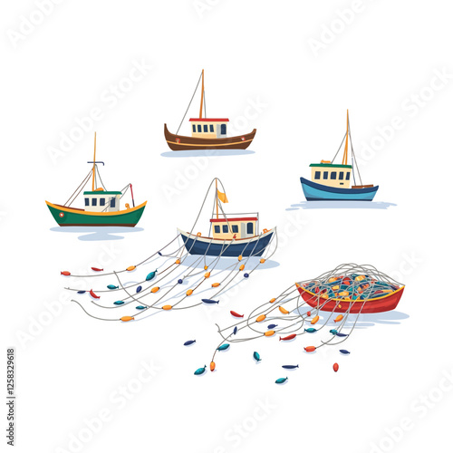 Fishing boats, vessels filled with nets. These boats used for the sea, ocean and fishing industry symbolize seafood production and fishing activities. vector illustration.