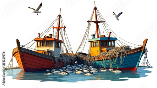 Fishing boats, vessels filled with nets. These boats used for the sea, ocean and fishing industry symbolize seafood production and fishing activities. vector illustration.