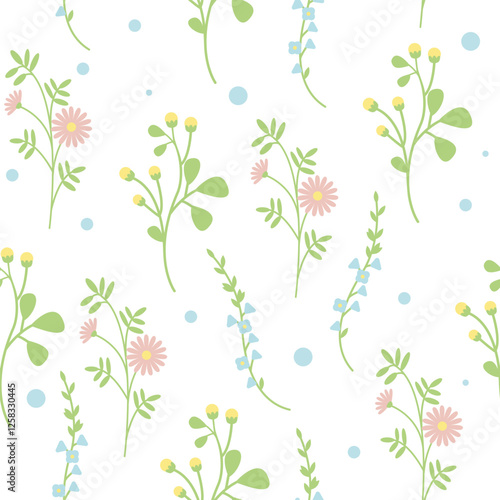Abstract meadow flowers isolated on a white background. Seamless pattern. Floral background for paper, cover, textile, gift wrap, wallpaper. Flat style, pastel colors. 